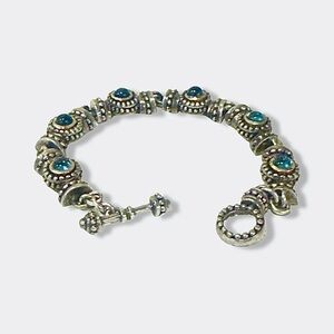 Handcrafted Artisan Mixed Metal Bracelet Blue Cabochon Stones Boho Tribal Style